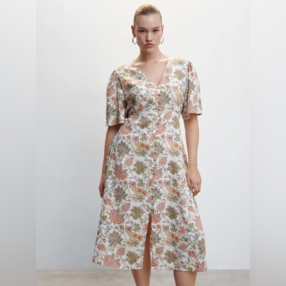 Mango Dresses & Skirts - Mango Womens NWT Floral Print V-Neck Buttoned Linen-Blend Midi Dress Size 18 New